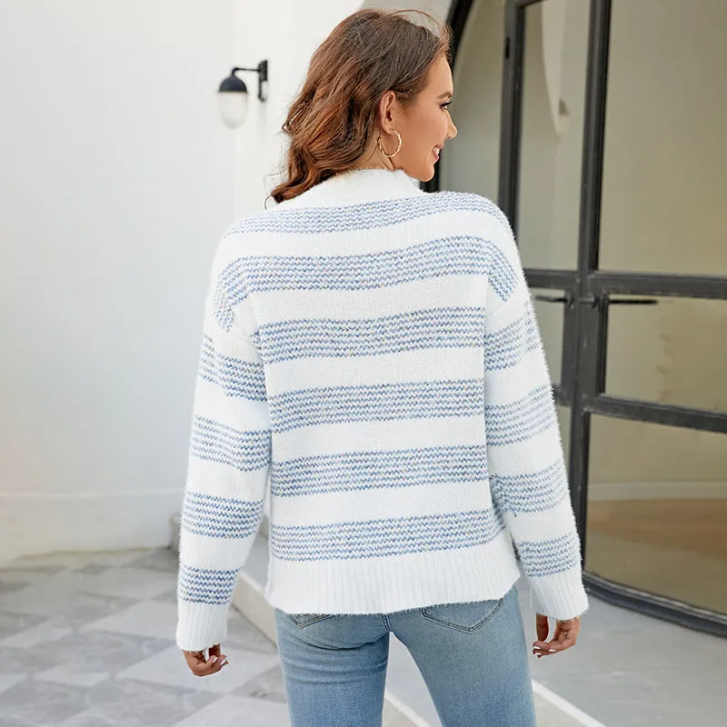 Women Sweaters Kniting Round Collar Pullover Bicolor Stripes