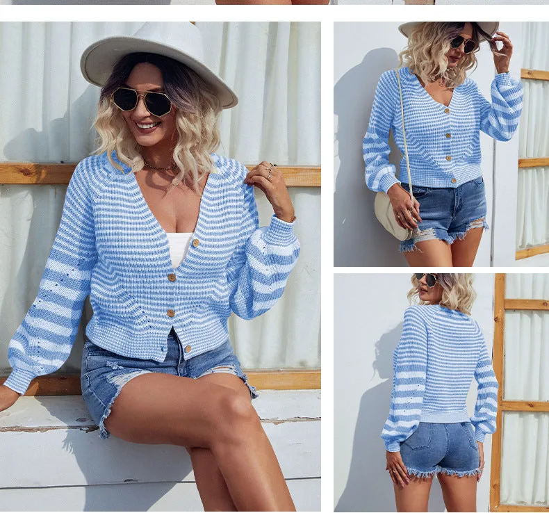 Women Knitwear Stripes Single Breasted Sweater Coats