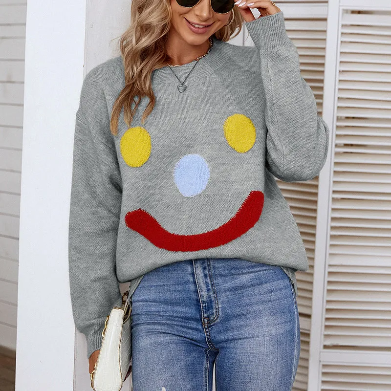 Women Sweaters Kniting Round Collar Pullover Clown Smiling Face Long Sleeve