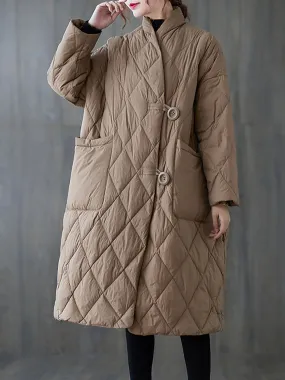 Women Vintage Winter Rhomboids Solid Cotton Padded Coat