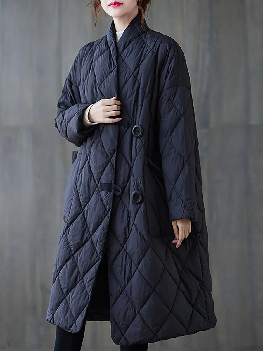 Women Vintage Winter Rhomboids Solid Cotton Padded Coat