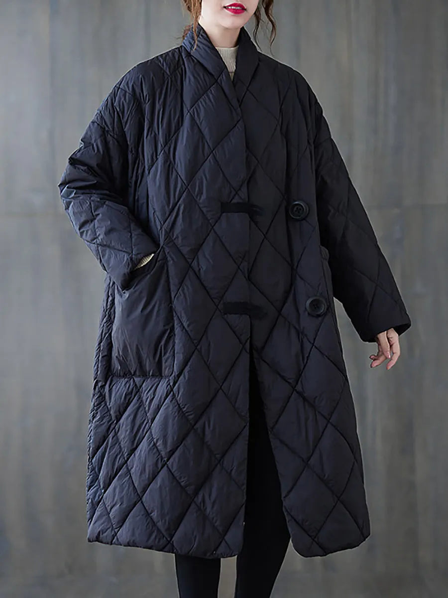 Women Vintage Winter Rhomboids Solid Cotton Padded Coat