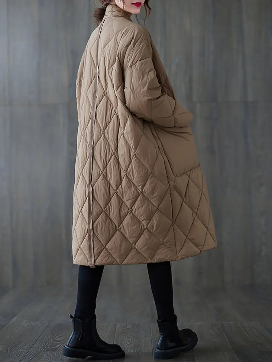 Women Vintage Winter Rhomboids Solid Cotton Padded Coat