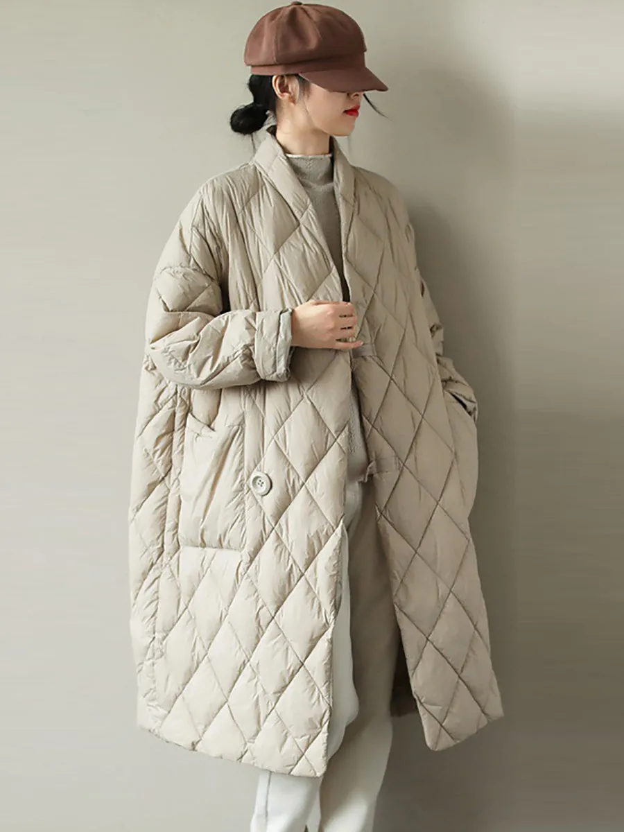 Women Vintage Winter Rhomboids Solid Cotton Padded Coat