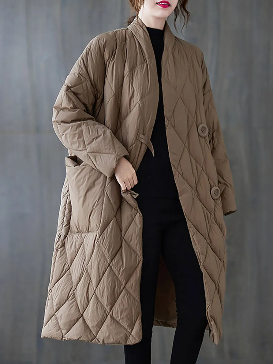 Women Vintage Winter Rhomboids Solid Cotton Padded Coat