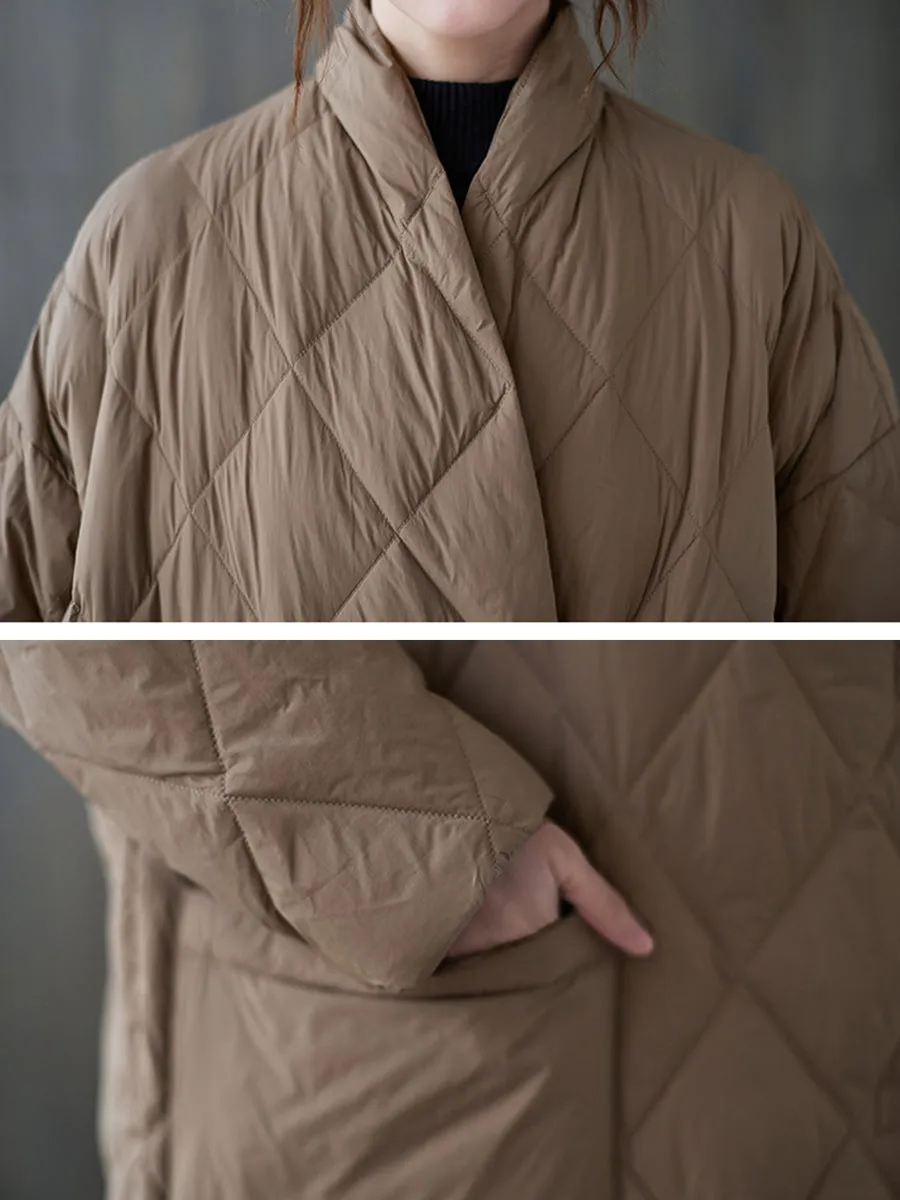 Women Vintage Winter Rhomboids Solid Cotton Padded Coat