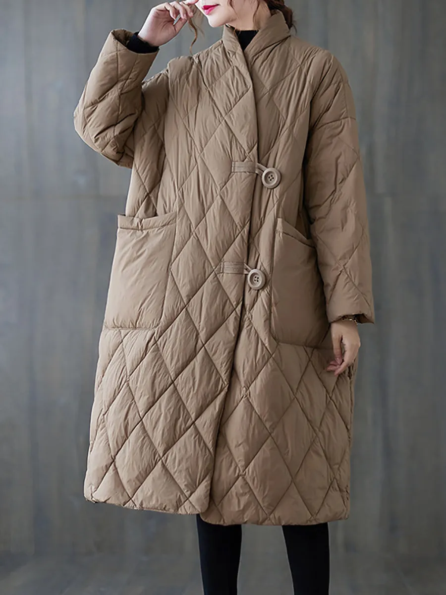 Women Vintage Winter Rhomboids Solid Cotton Padded Coat