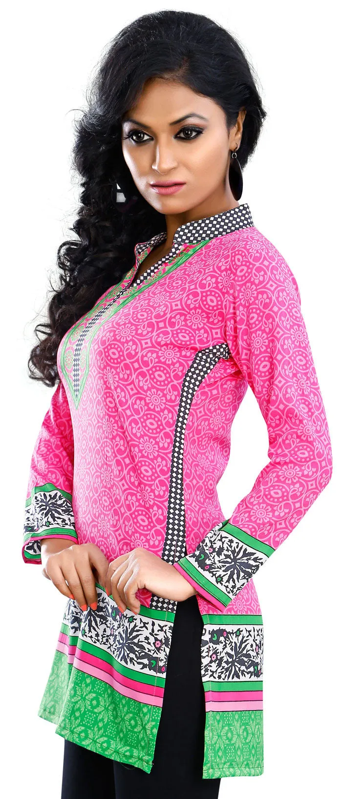 India Tunic Top Kurti Womens Printed Blouse Indian Apparel (Pink)