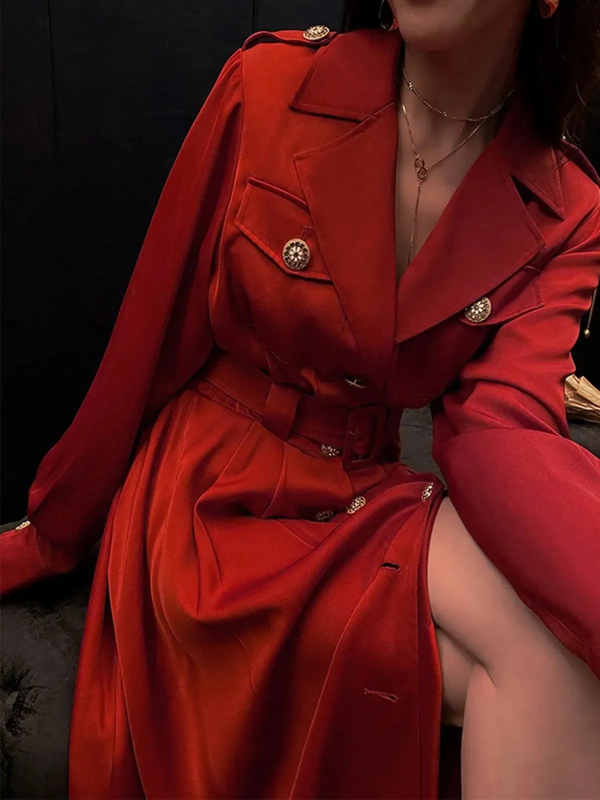 Red Single-Breasted Belted Light Weight Trench Coat